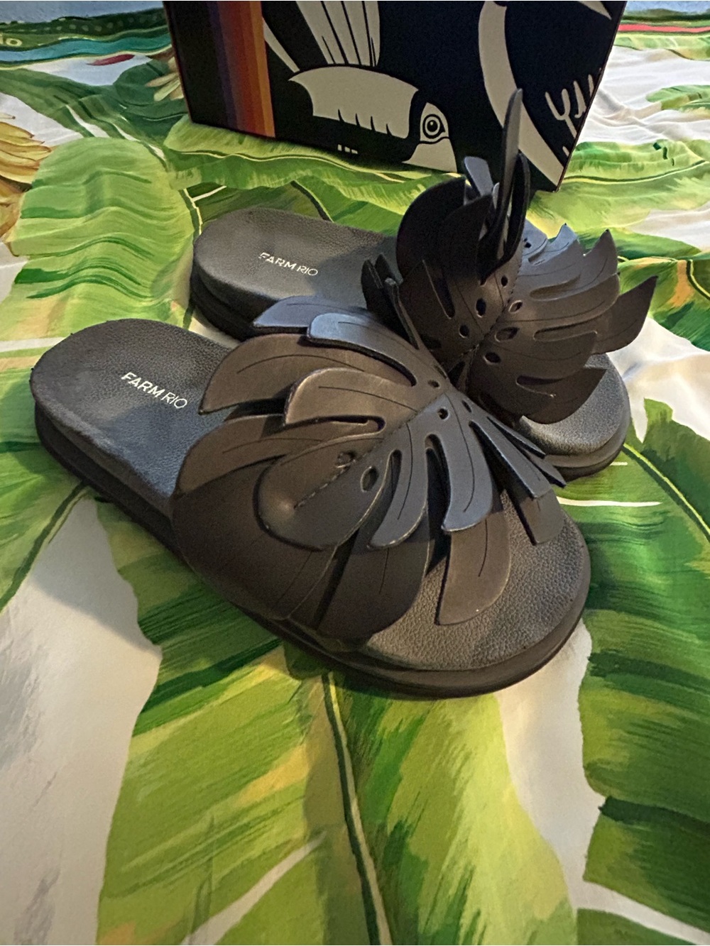 FARM RIO Black Monstera Leaf Slide Sandals